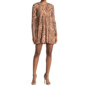AFRM Women's Bell Long Sleeve Babydoll Dress In Brown Multi Animal Size XS